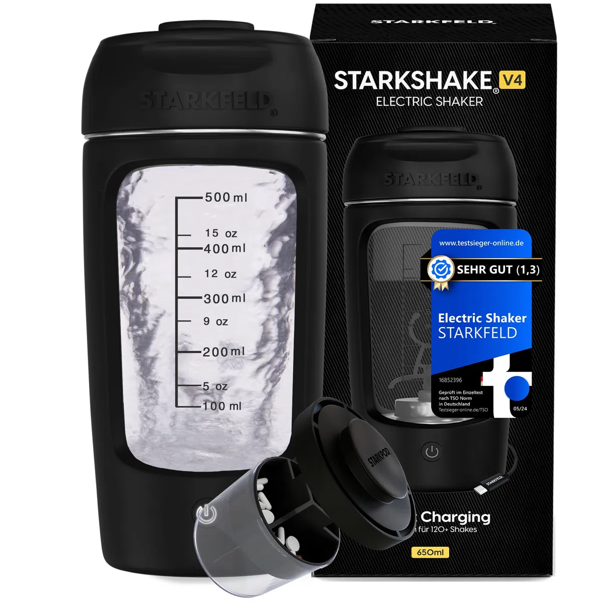 STARKSHAKE V4 – eccellente come miglior shaker elettrico della F.A.Z.-Verlag (2025) | Shaker di proteine elettrico per frullati di proteine | 8000 UPM | USB-C | 120+ frullati | incluso STARKPOD | nero