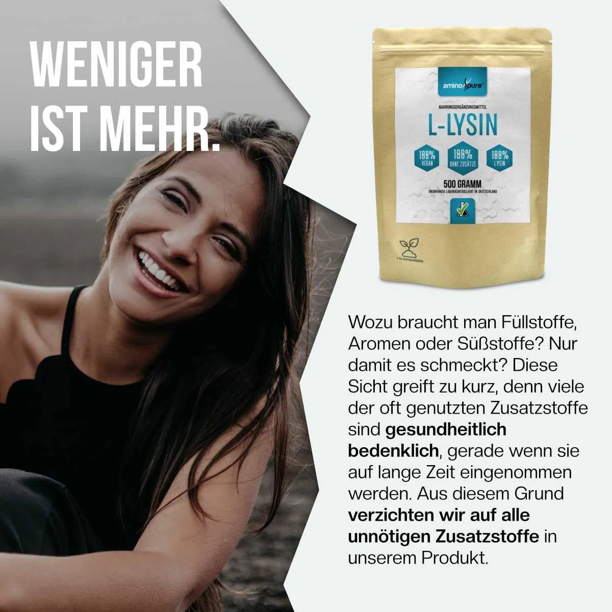 Polvere di lisina pura | L-Lisina pura senza additivi | 250 porzioni (2 grammi al giorno) | 100% vegano e privo di sostanze nocive in laboratorio con certificato | 500 grammi