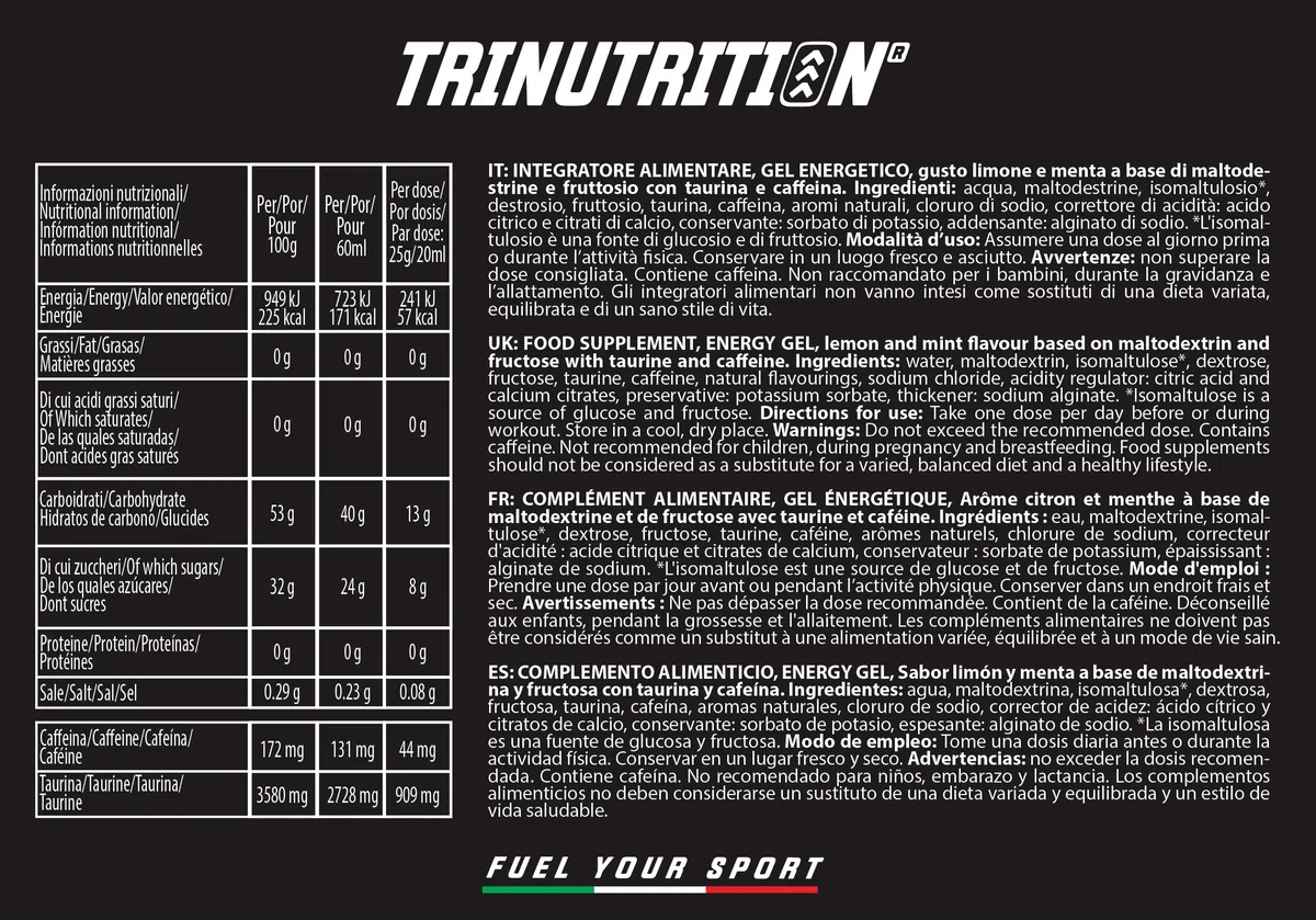 TAUR GEL, Gel Energetico con Taurina e Caffeina, 10 x 60ml, 40g di Carboidrati, Rapporto 1:0,8 Maltodestrine e Fruttosio, Gusto Limone e Menta, Gel per Ciclismo Corsa, Senza Glutine
