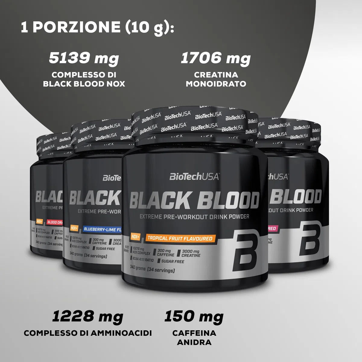BioTechUSA Black Blood NOX+ | Formula Pre-Allenamento | con Caffeina, Creatina, Tirosina | Senza Zucchero | 340 g | Frutta tropicale