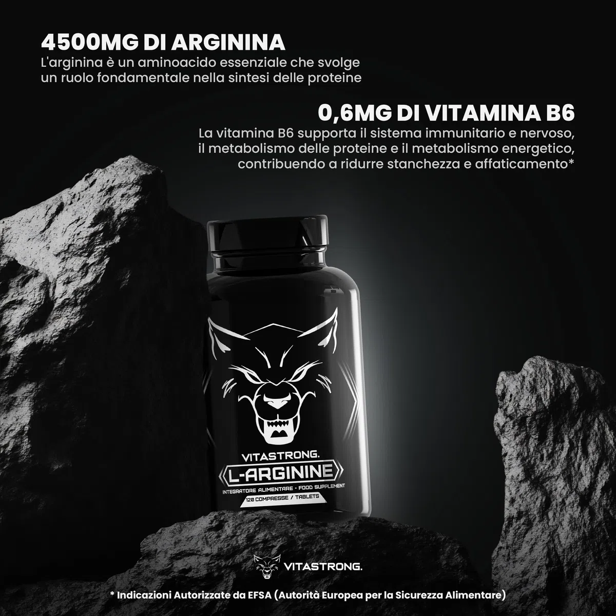 Arginina 4500mg + Vitamina B6 Vitastrong, 120 Compresse di L-Arginina HCL Alto Dosaggio Kyowa Quality, L Arginina Polvere Pura con Vit B6, Integratore Pre Workout Post Workout Senza Glutine né OGM