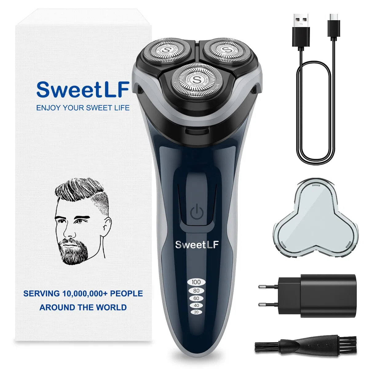 SweetLF Rasoio Elettrico Uomo,Regolabarba con Testine Rotanti 4D, Rasoio Ricaricabile Wet & Dry con Display LED, Rasatura Impermeabile IPX7 Blu Navy (Blu)
