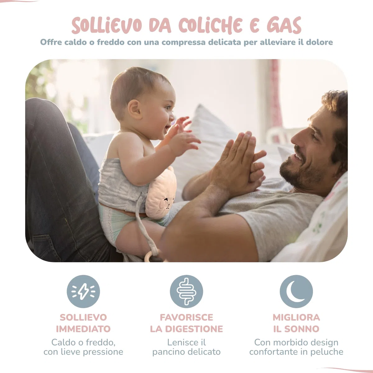 Borsa dell'Acqua Calda per Bebè Anti Coliche – Caldo & Freddo – Allevia Dolori & Gonfiori – CE – Impacco di Argilla, Anello da Dentizione Incluso, Fascia Peluche per Neonati e Lattanti