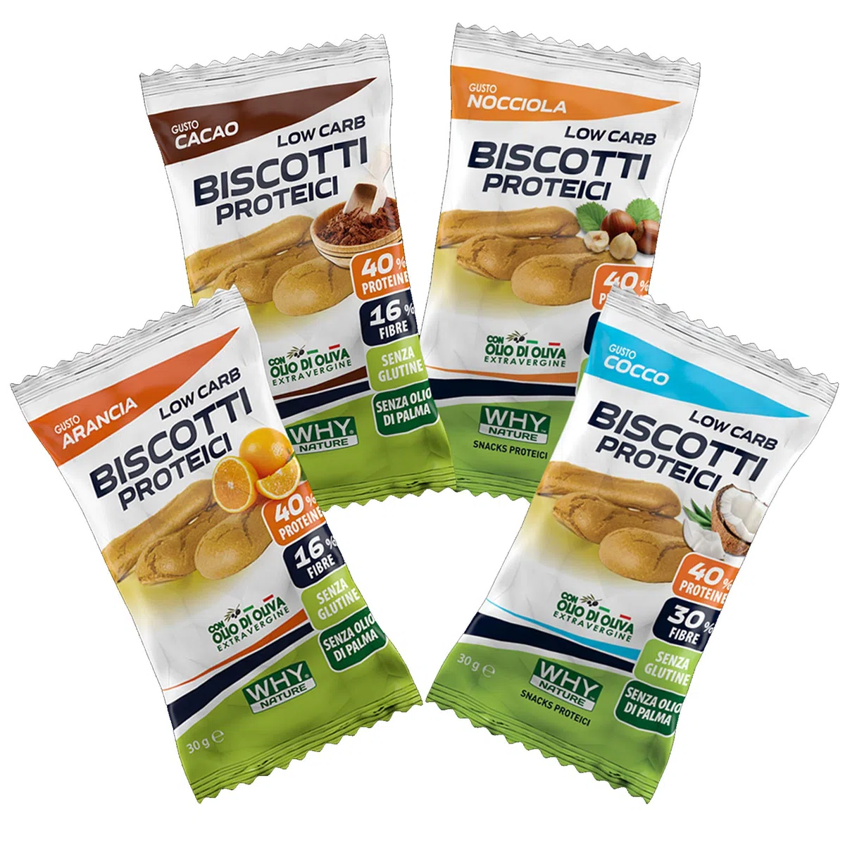 WHY NATURE Biscotti Proteici Low carb. Gusto Cacao. Formato da 30g.