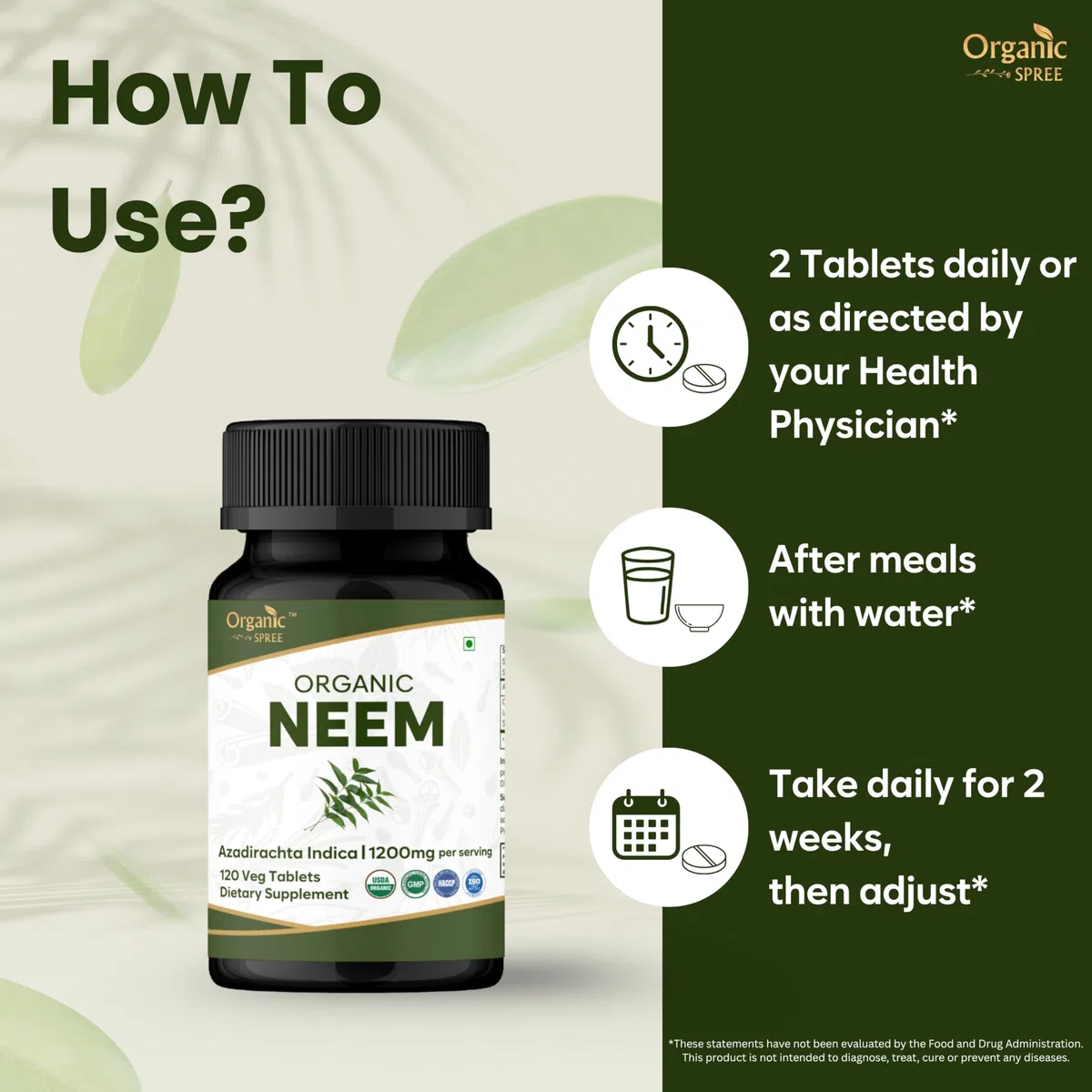 Organic Spree NEEM 120 Tablets (Azadirachta Indica) | Biologico e Naturale | Vegano e certificato USDA 120 compresse | 1200 mg per porzione (2)