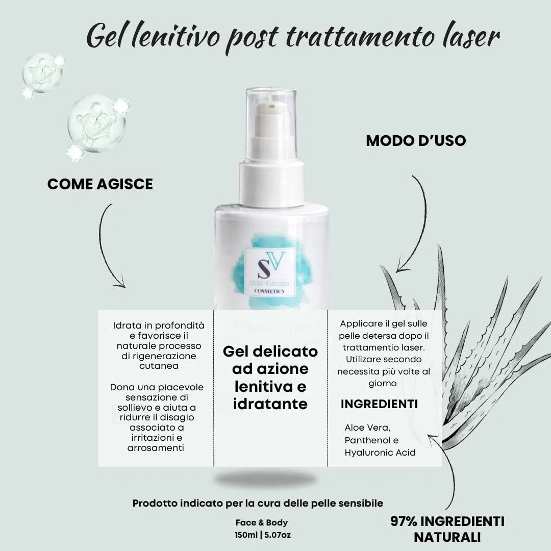 Gel idratante e lenitivo, post epilazione laser, dopo sole, dopo cera, con Acido Ialuronico, Pantenolo e Aloe Vera, 150 ml
