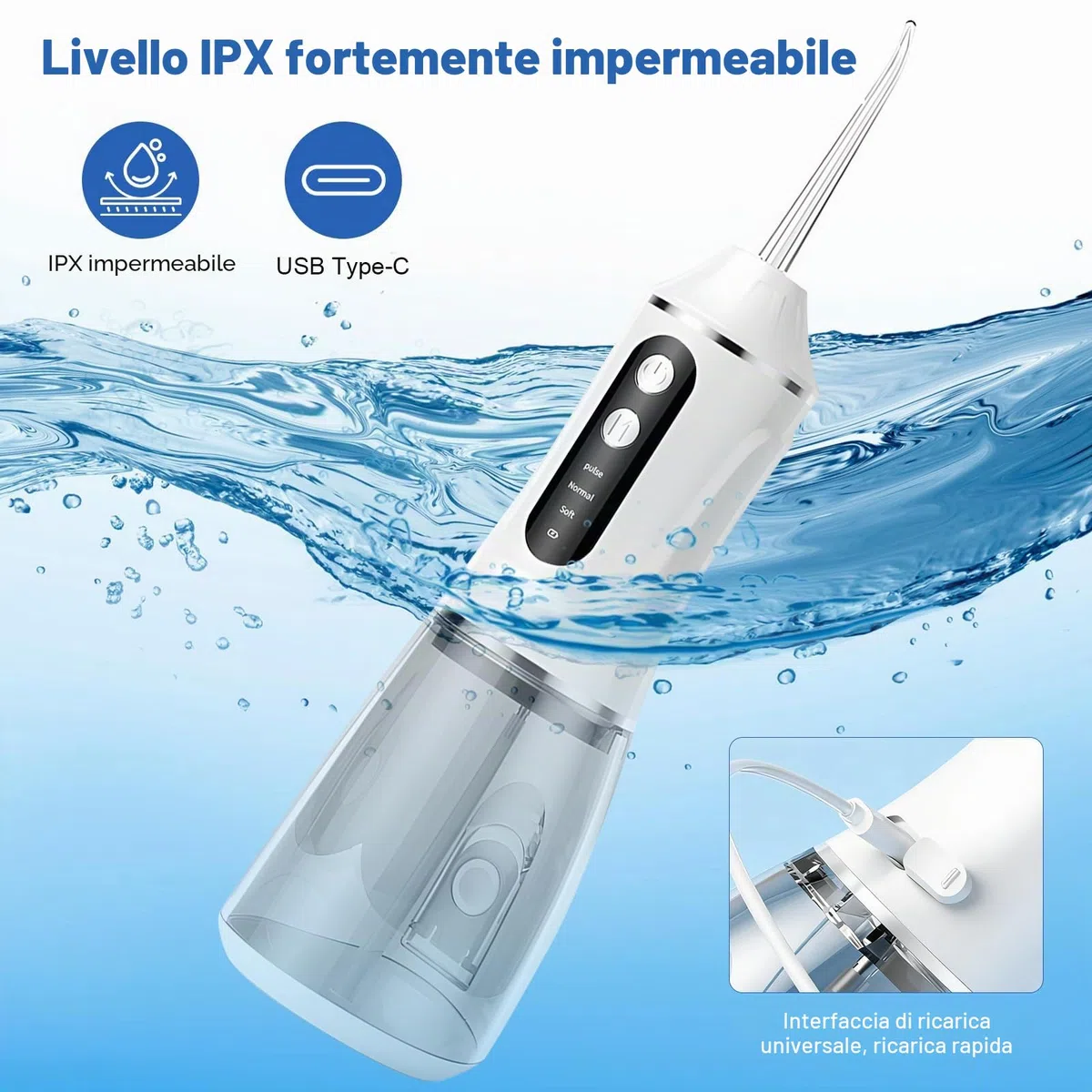 Idropulsore Dentale Oral,Irrigatore Orale,Idropulsore Dentale Portatile,Elettrico Oral Water,con 5 Modalità e 6 Beccucci,Serbatoio da 380ml,Impermeabile IPX7,per Uso Domestico e Viaggi(Bianco)