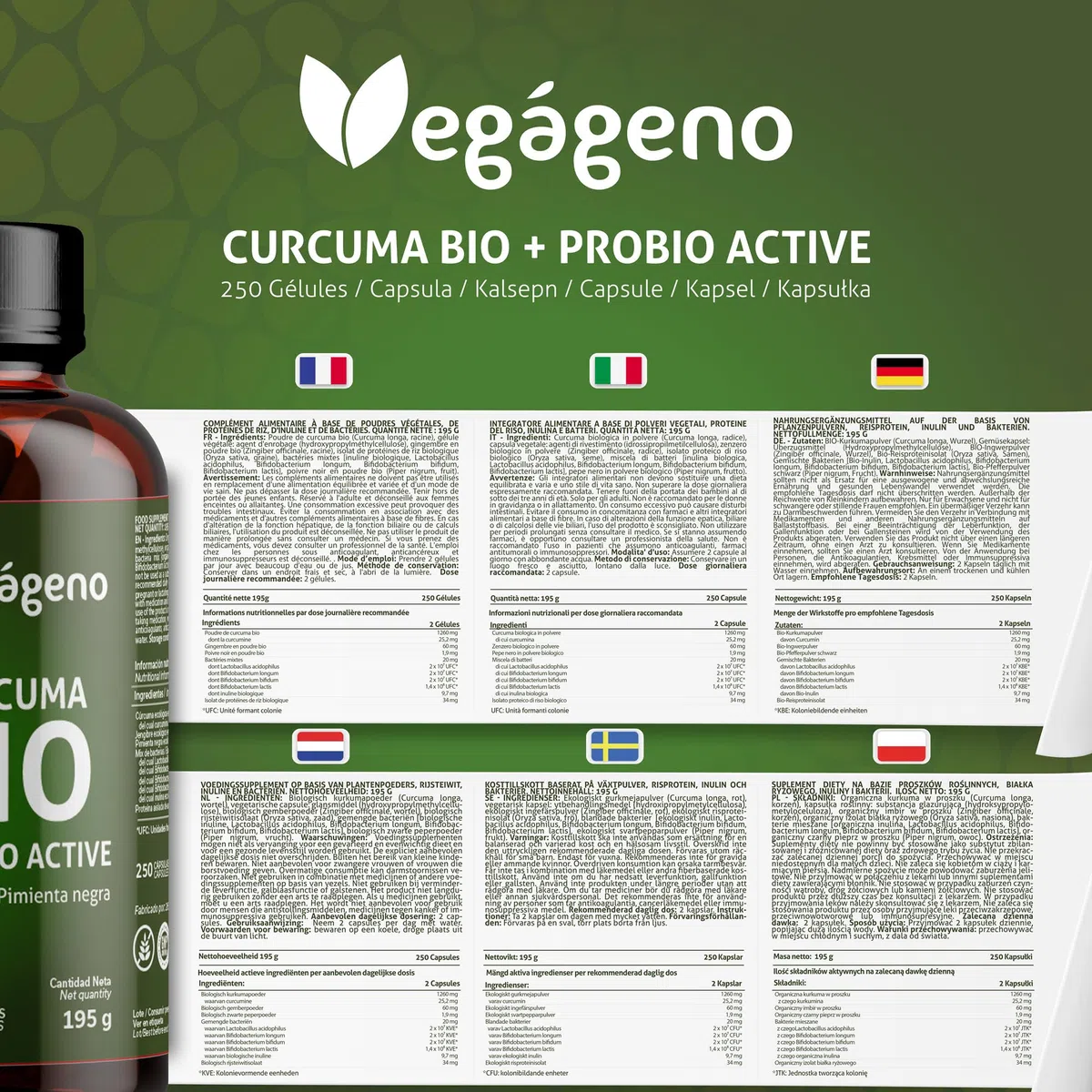 Curcuma BIO con Piperina e Zenzero – 250 Capsule (Scorta 4 Mesi) con Probiotici (200 milioni di UFC) e Prebiotici (Inulina Bio) – Curcumina e Piperina – VEGAGENO