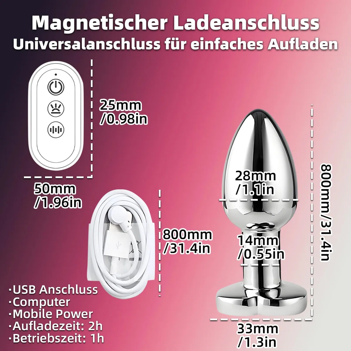AMAZBEE Plug anale vibrante Vibratore Butt Plug per donne uomini Hearted Light Up Massaggiatore della prostata con telecomando Giocattoli sessuali elettrici in acciaio inox (S)