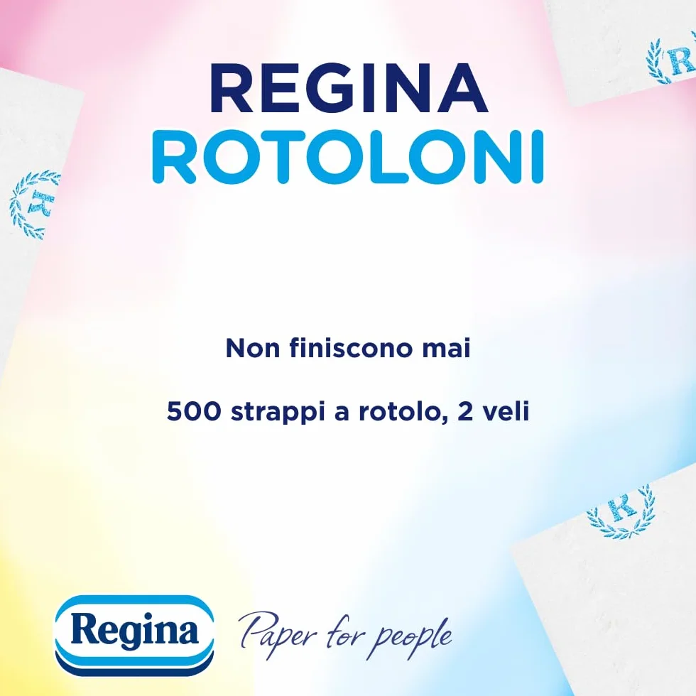 Rotoloni Regina - 84 Maxi Rotoli di Carta Igienica, 500 Fogli a 2 Veli, Lunghi Più del Doppio dei Normali Rotoli, Confezione 50% in Plastica Riciclata, Carta 100% Certificata FSC