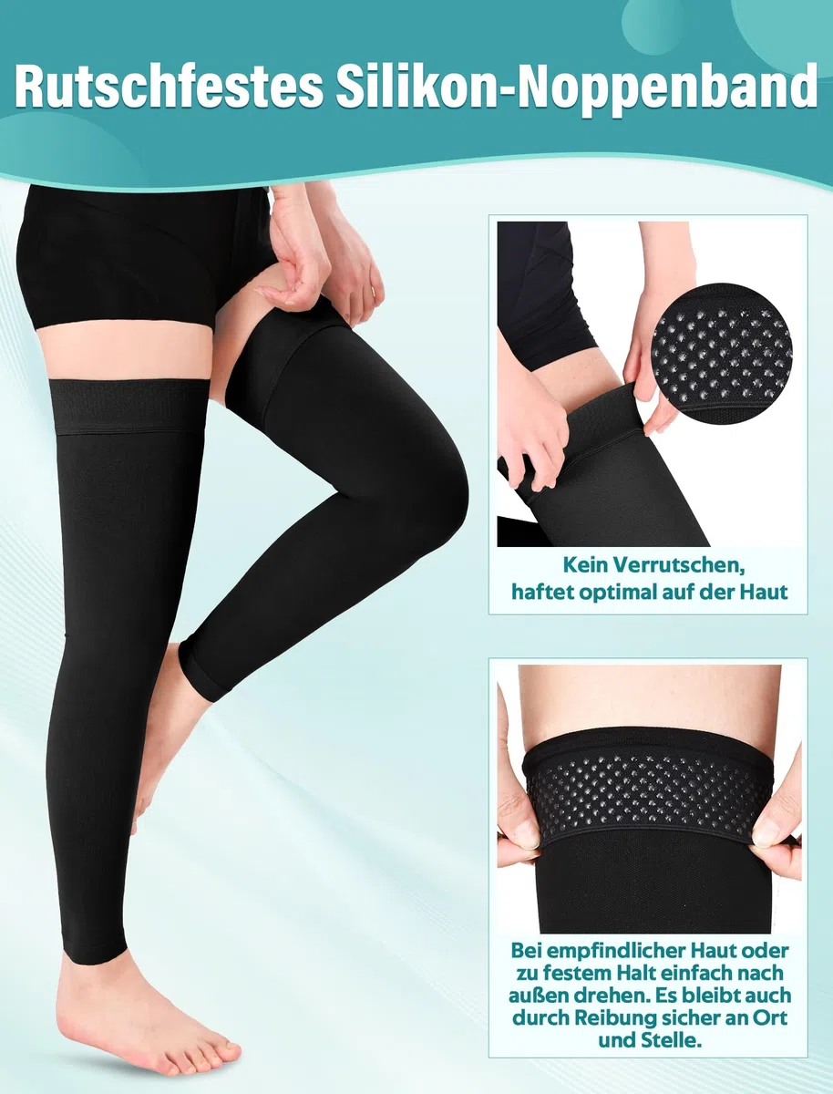 Calze a compressione mediche da donna e da uomo, 15 – 20 mmHg, classe I coscia, calze a compressione lunghe, calze di sostegno senza piedi, con fascia in silicone per supporto graduato vene