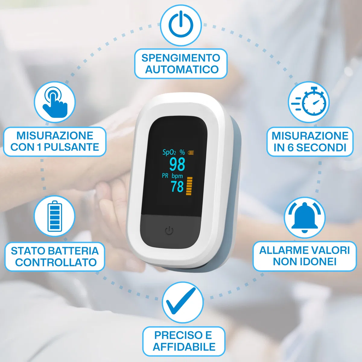 Saturimetro da Dito Professionale Certificato, Pulsossimetro da Dito Portatile, Completamente regolabile, Display OLED a 2 Colori, Misurazione SPO2 e Frequenza cardiaca, per Uso Domestico e Sportivo