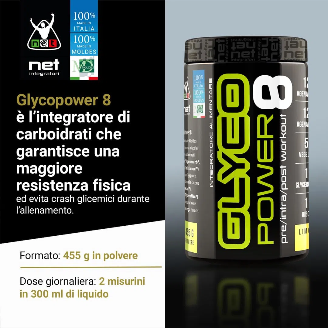 Net Integratori GLYCOPOWER 8-455g Limone - Carboidrati in Polvere - Massimizza la Resistenza Fisica e il Recupero Muscolare, Fonte Energetica A Lunga Durata, Pre-Intra o Post Workout
