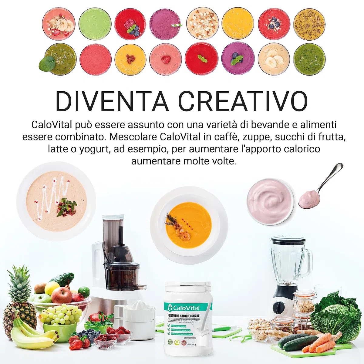 Frullati proteici sostitutivi del pasto con molte vitamine | Bere cibo ipercalorico per l'aumento di peso | Carboidrati e proteine ​​come frullato calorico | CaloVital