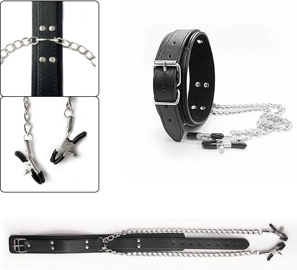 Collare sexy in pelle e collana con clip a catena integrata