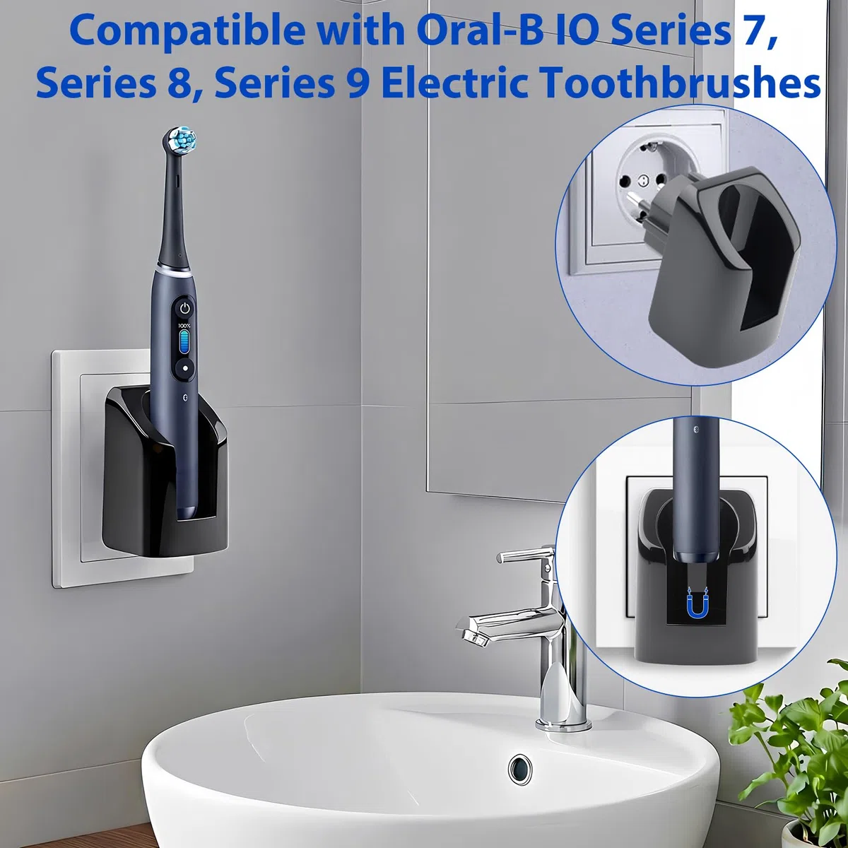 Stazione di Ricarica Senza Fili Spazzolino Elettrico Oral B Compatibile con IO7 IO8 IO9 Serie 7 8 9 IPX6 Impermeabile Caricatore da Muro Magnetico Caricabatterie Oral B da Parete Spina Europea - Nero