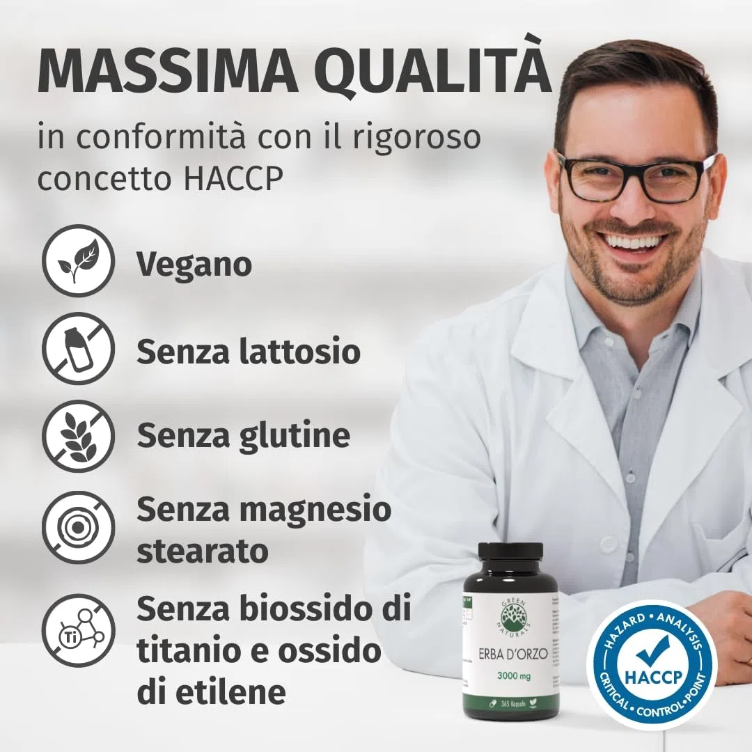 Green Naturals® Orzo verde in capsule naturale e pura - Dosaggio elevato: 3.000 mg con estratto 10:1-365 capsule (3 mesi) - Qualità premium dalla Germania - Vegane e testate in laboratorio