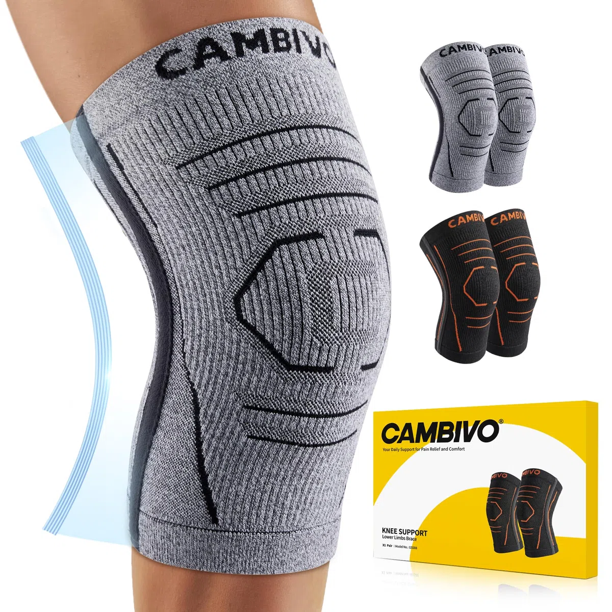 CAMBIVO Ginocchiera Stabilizzante Leggera (75g) in Maglia 3D Traspirante, 2 Pezzi Tutore Ginocchio con Stabilizzatori Laterali Flessibili, Compressione Graduata per Corsa Palestra Trekking Recupero