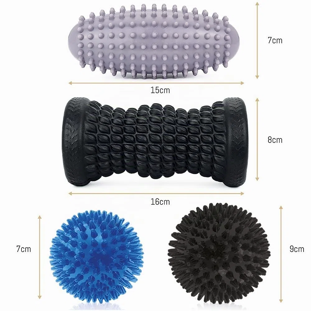 Rullo Massaggio Piedi Set | 1x Rullo per Piedi (Medio Duro) 2x Palline Massaggio (Medio Duro) 1x Palla Ovale (Duro)| Per Gambe, Schiena| Pallina Massaggio Set Incl. Video, Poster e Borsa