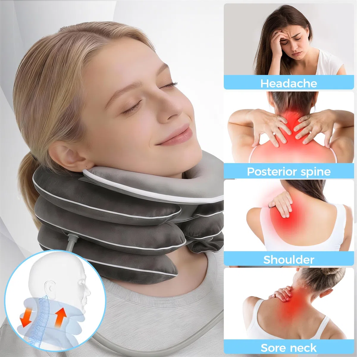 Gonfiabile per la trazione cervicale con design di allungamento a 3 strati e supporto per il mento, Estensore per il Collo Regolabile per Alleviare il Dolore