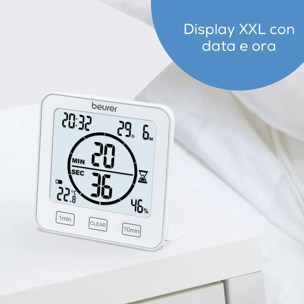 Beurer HM 22 Termoigrometro, per il controllo della temperatura ambientale, misurazione della temperatura e dell'umidità relativa, con timer e segnale acustico, bianco