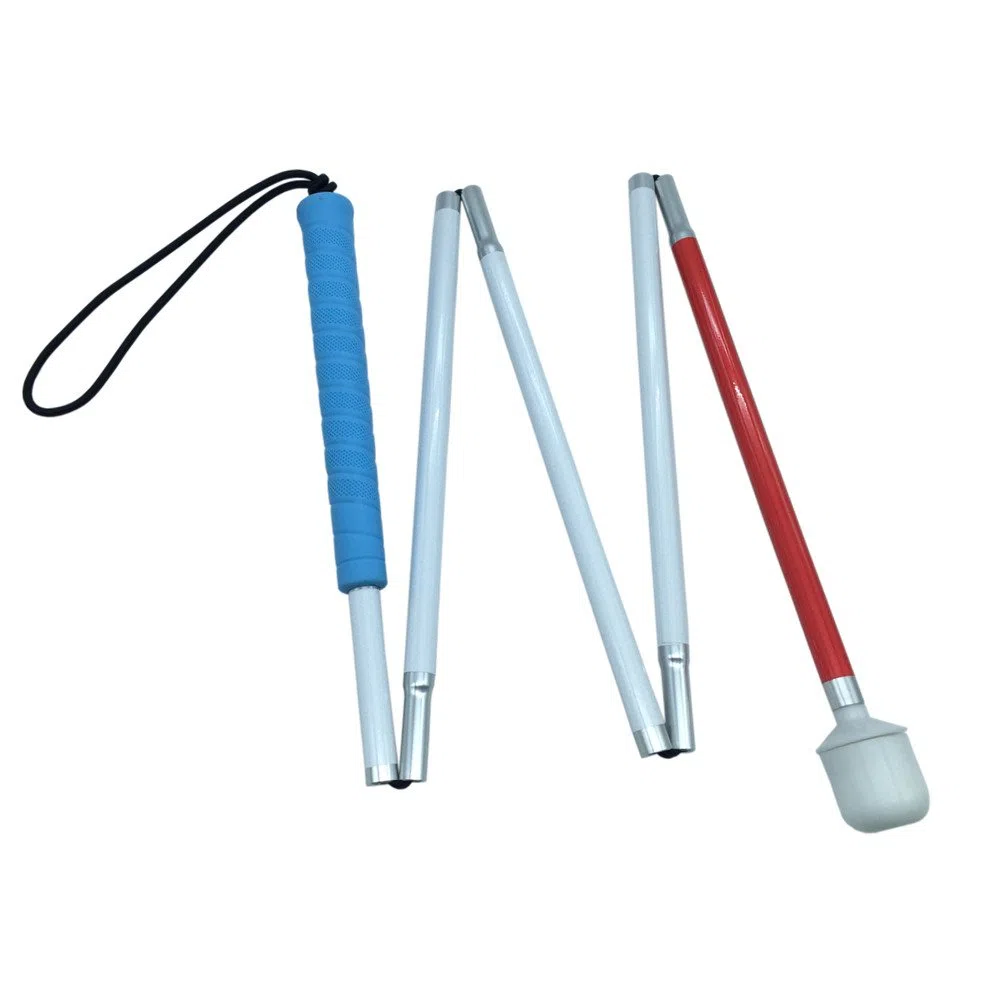 Alluminio Bastone Bianco Pieghevole per Non Vedenti 5 Sezioni e Punta Roller (155 cm (61 Pollici) - Blu Impugnatura)