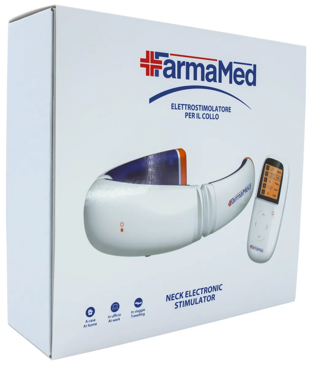 FARMAMED Elettrostimolatore collo, Terapia con calore per dolori muscolari, Elettrostimolatore cervicale multifunzione con telecomando wireless con display LCD