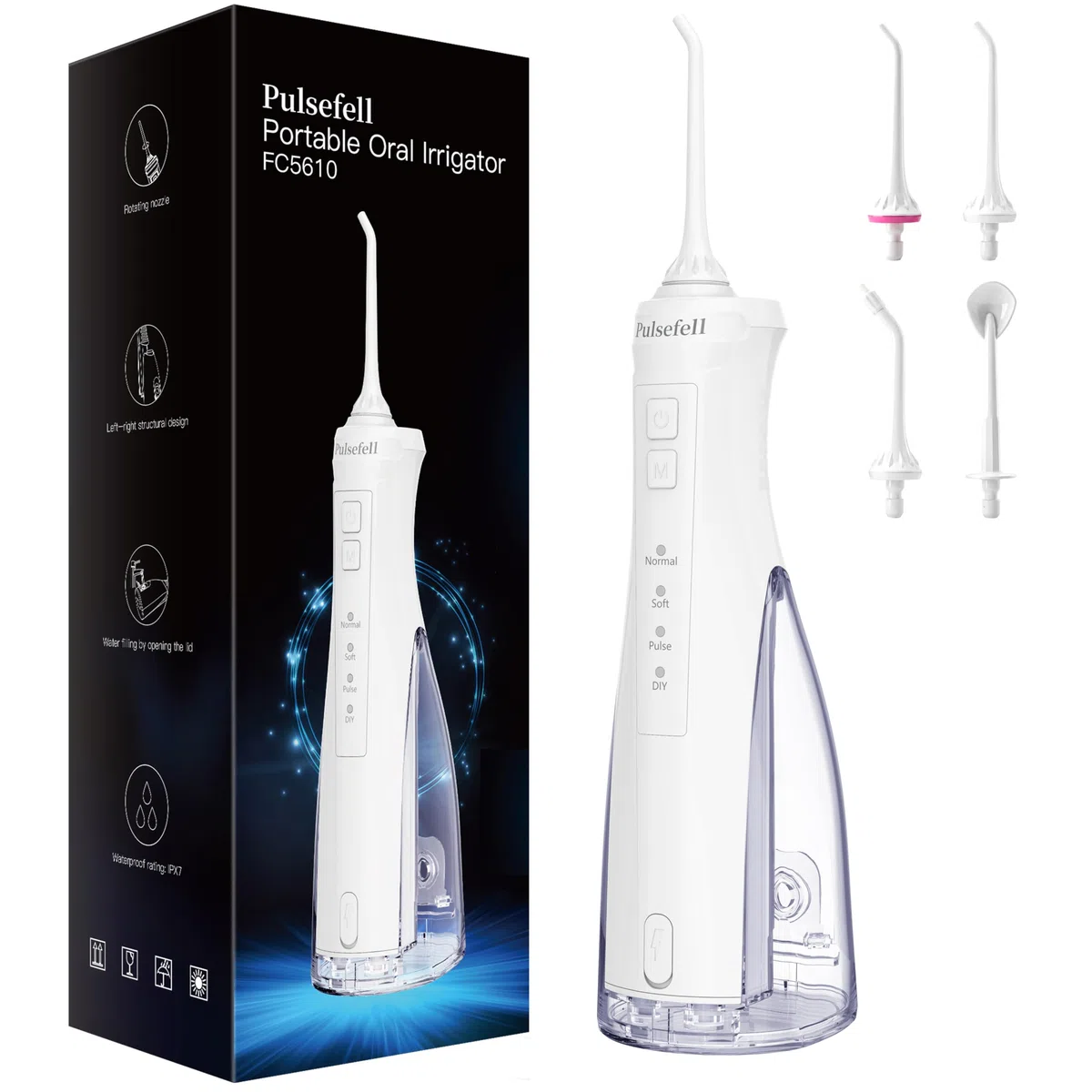 Idropulsore Dentale Portatile Ricaricabile, 300 ML Water Flosser Senza Fino a USB con 4 Gettoni e 4 Modalità, Impermeabile IPX7 per Casa e Viaggio (Bianco)