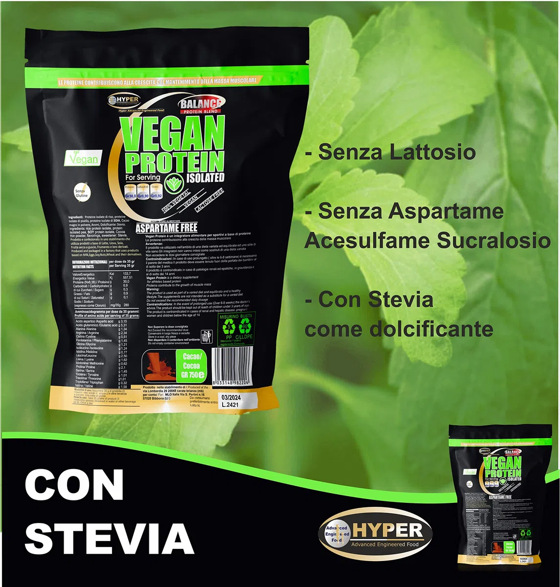 Hyper Vegan Protein Proteine Vegane da Fonti Vegetali (Proteine Isolate Soia Riso Pisello) Rilascio Graduale (gr 750 cacao)
