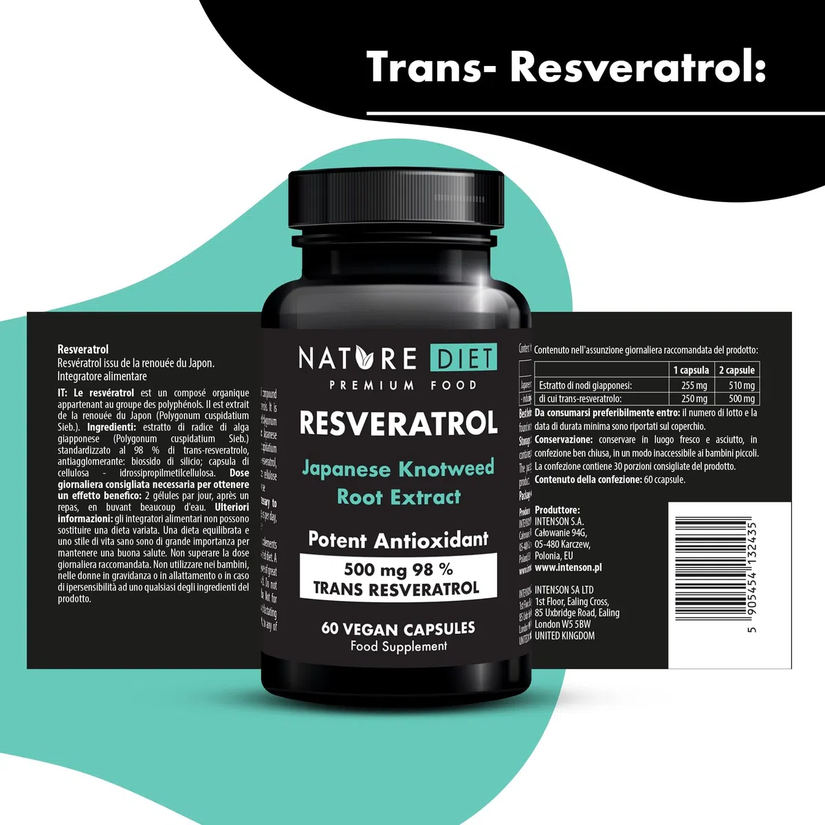 Nature Diet Resveratrol - 500 mg di Trans-Resveratrolo (98%) - Estratto di Poligono del Giappone - 60 Capsule Vegane - Sostegno Antiossidante - Supporta un Invecchiamento Sano e il Benessere Cellulare