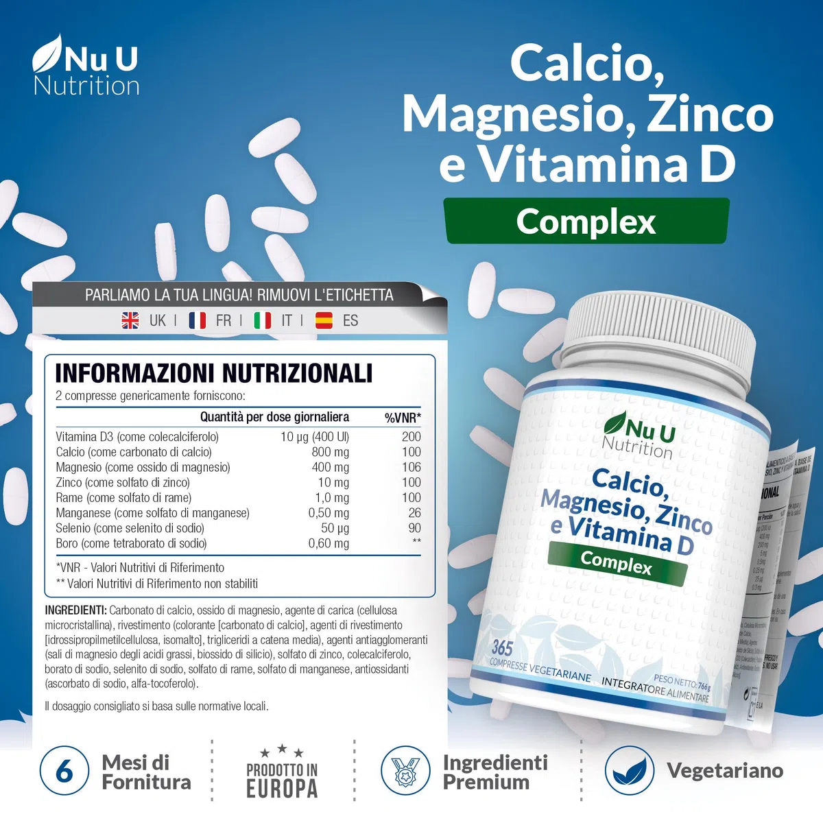 Calcio, Magnesio, Zinco e Vitamina D3 ad Alto Dosaggio - 365 Compresse Vegetariane - Complesso con Selenio, Rame, Manganese e Boro - 6 Mesi di Durata - Prodotto in Europa - Nu U Nutrition