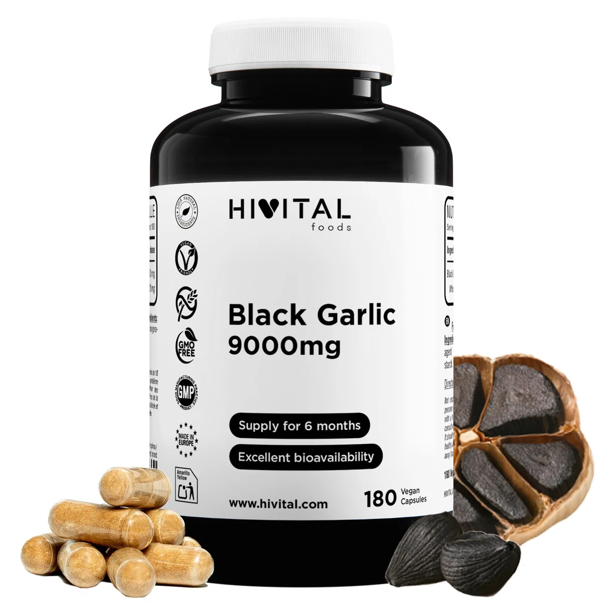 Aglio Nero 9000 mg. 180 capsule vegane per 6 mesi di trattamento. Estratto di aglio nero SENZA ODORE Allium Sativum. Prodotto in Europa da HIVITAL