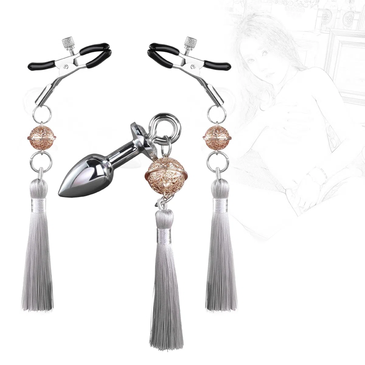 Morsetti per capezzoli con plug anale in metallo con campanella, gioielli per capezzoli, morsetti per capezzoli, morsetti per seno, pinza per capezzoli, clip per seno, morsetti per seno