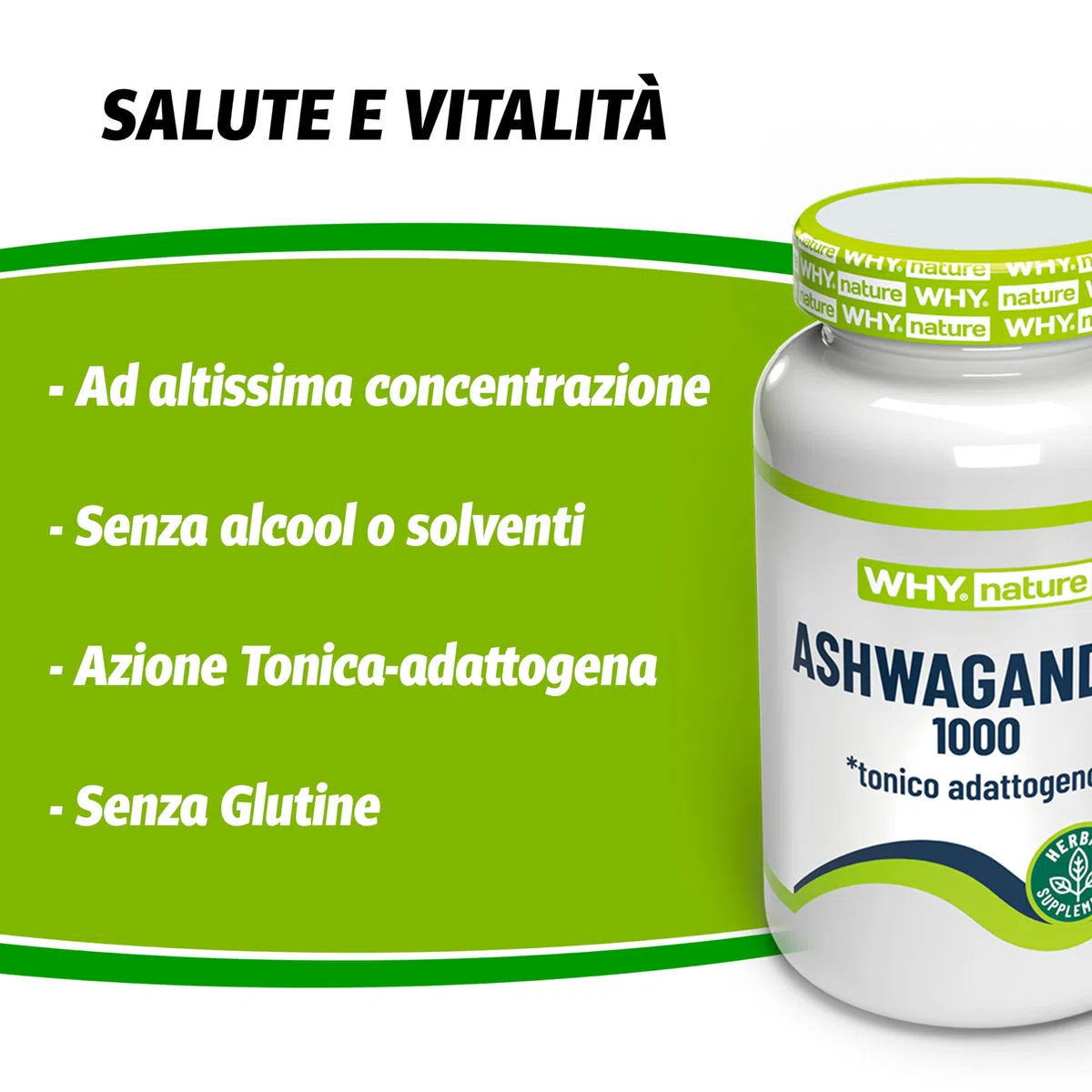 WHY NATURE ASHWAGANDHA 1000 - IntegratorI Alimentari di Ashwagandha KSM-66 - Integratore Nootropico - Senza Glutine - 60 cpr