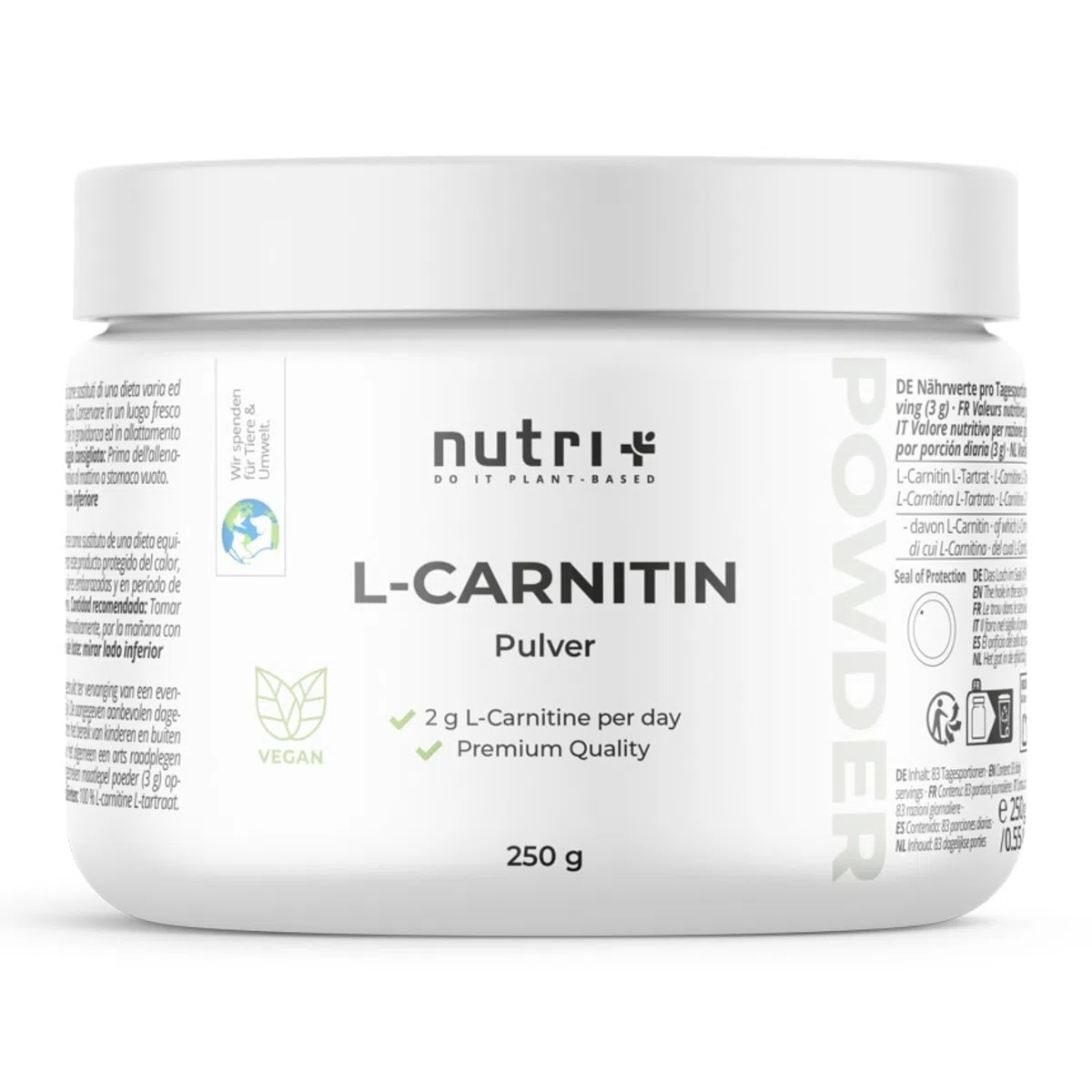 nutri + L-carnitina in Polvere - 100% Carnitina Tartrato vegan Pure Powder 250 g - 3000mg per Porzione - Acido tartarico senza Additivi