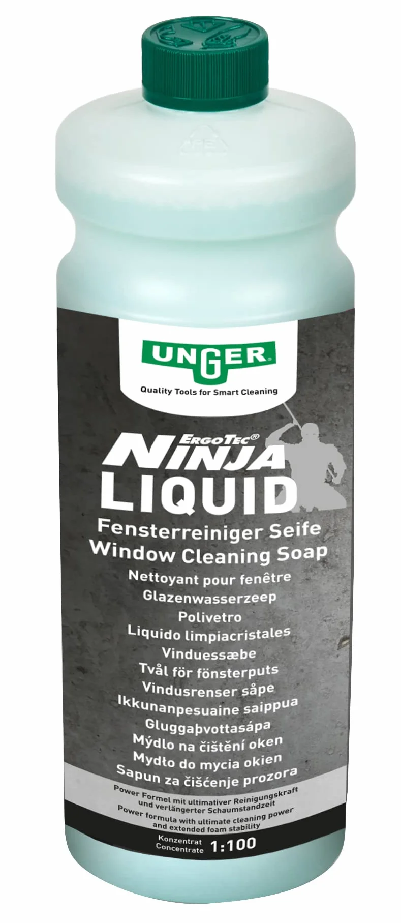 Unger Power Liquid Detergente concentrato (detergente per vetri, 1 litro, rapporto di miscelazione 1:100, pulizia senza striature) FR10S
