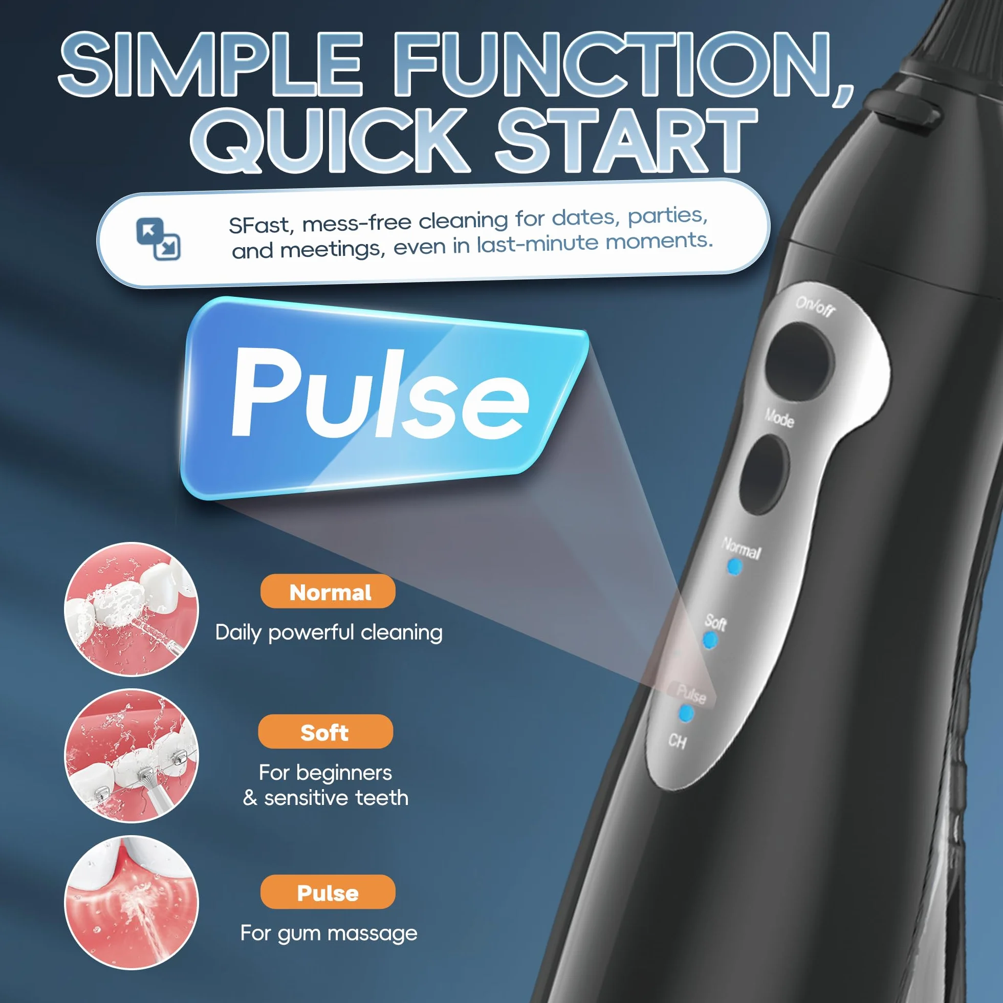 Mornwell Irrigatore orale senza fili per denti portatile orale pulitore elettrico 300 ML 3 modalità 4 punte jet pulizia profonda aiuta con USB (Nero)
