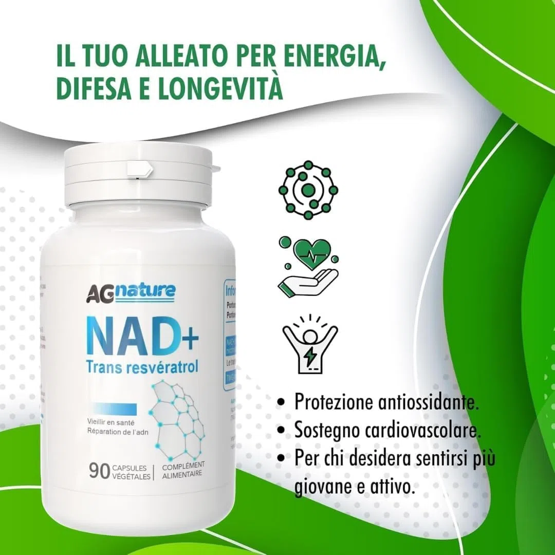NAD Resveratrolo 1000mg 90Cps Integratore Nicotinamide Puro - Complex Anti-Età e Anti-Fatica con Niacina, Trans Resveratrolo e Trimetilglicina