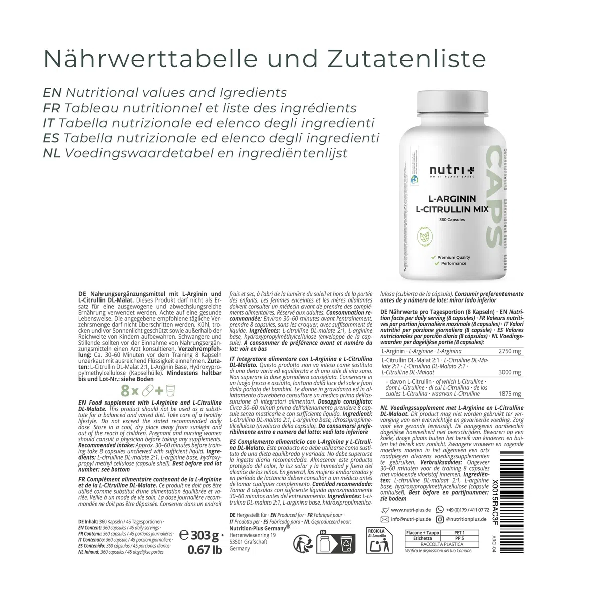 Nutri + Capsule Arginina Citrullina - 360 Capsule alto Dosaggio + vegane - 3000mg L-citrullina Malato + L-arginina Base - Bodybuilding - Qualità premium senza Magnesio Stearato o Additivi