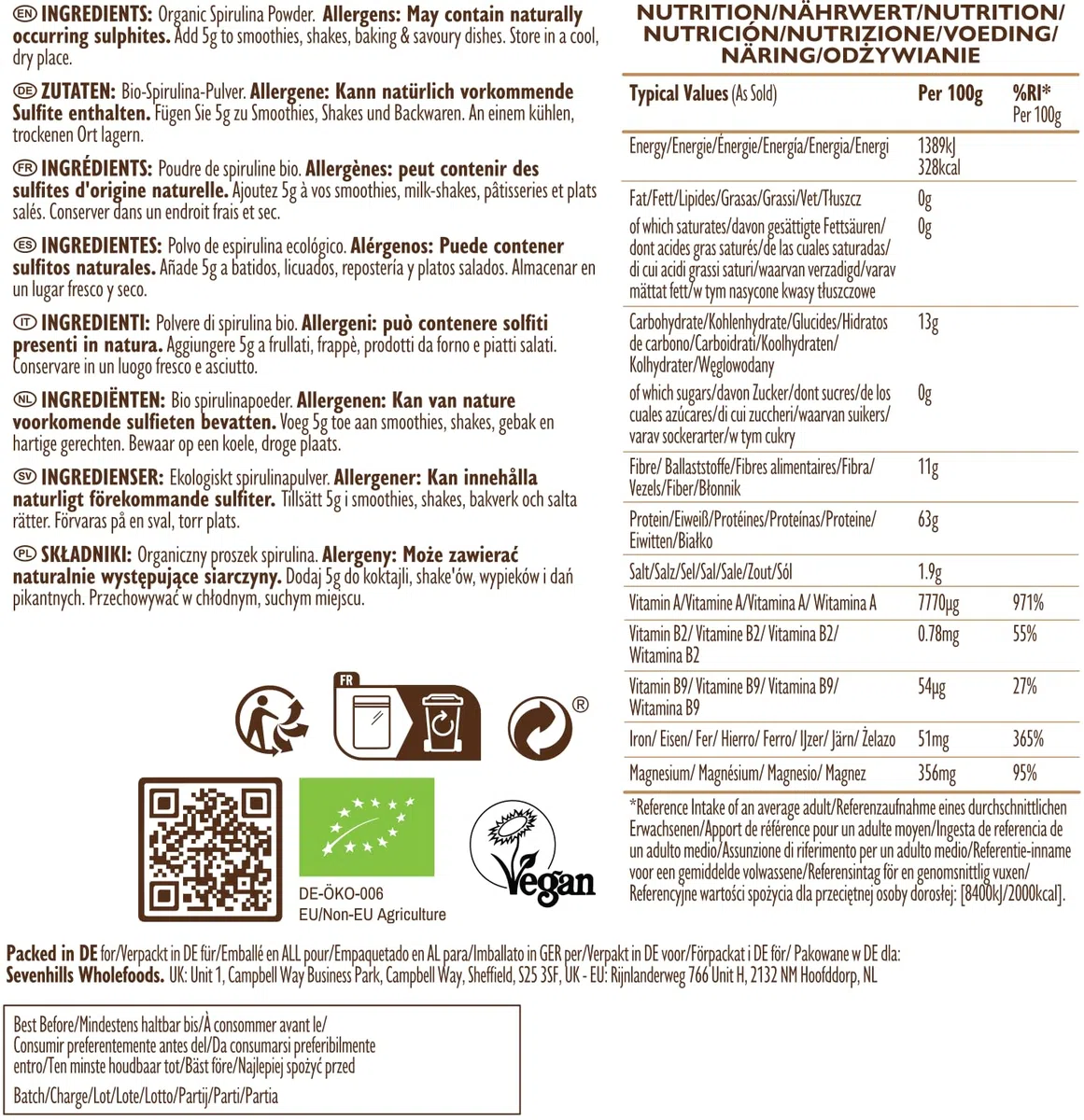 Sevenhills Wholefoods Polvere Di Spirulina Bio 500g | Ricca di nutrienti | 100% pura e naturale | Senza allergeni