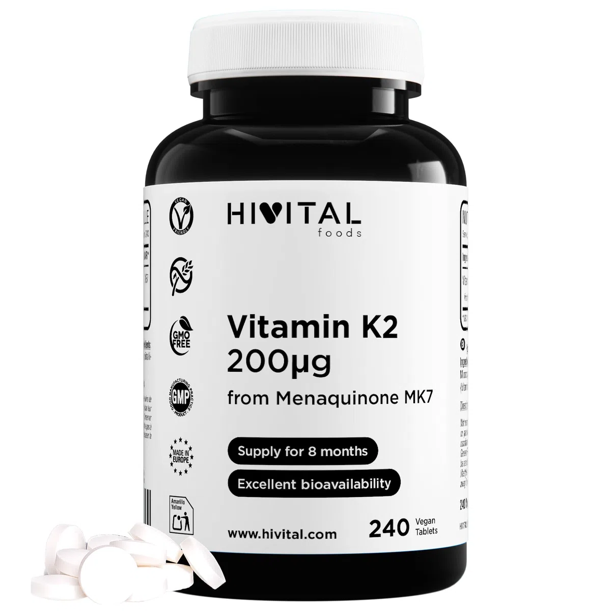 Vitamina K2 MK7 200 mcg. 240 compresse vegane di Vitamina K per 8 mesi di trattamento. 200 mcg di Vitamina K2 Menachinone MK-7. Prodotto in Europa da HIVITAL