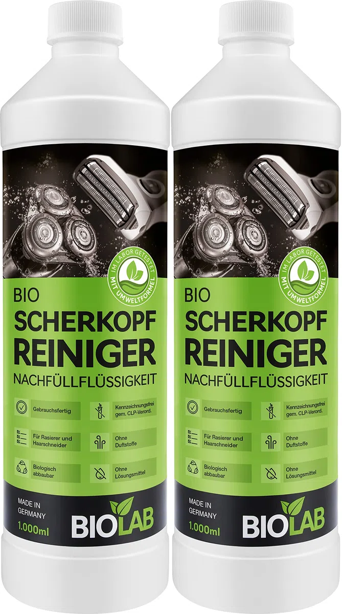 BIOLAB Pulitore per testina di rasatura biologico (2 x 1000 ml), liquido di ricarica per Clean & Renew, adatto per Braun Series, cartuccia di pulizia e rasoio Philips