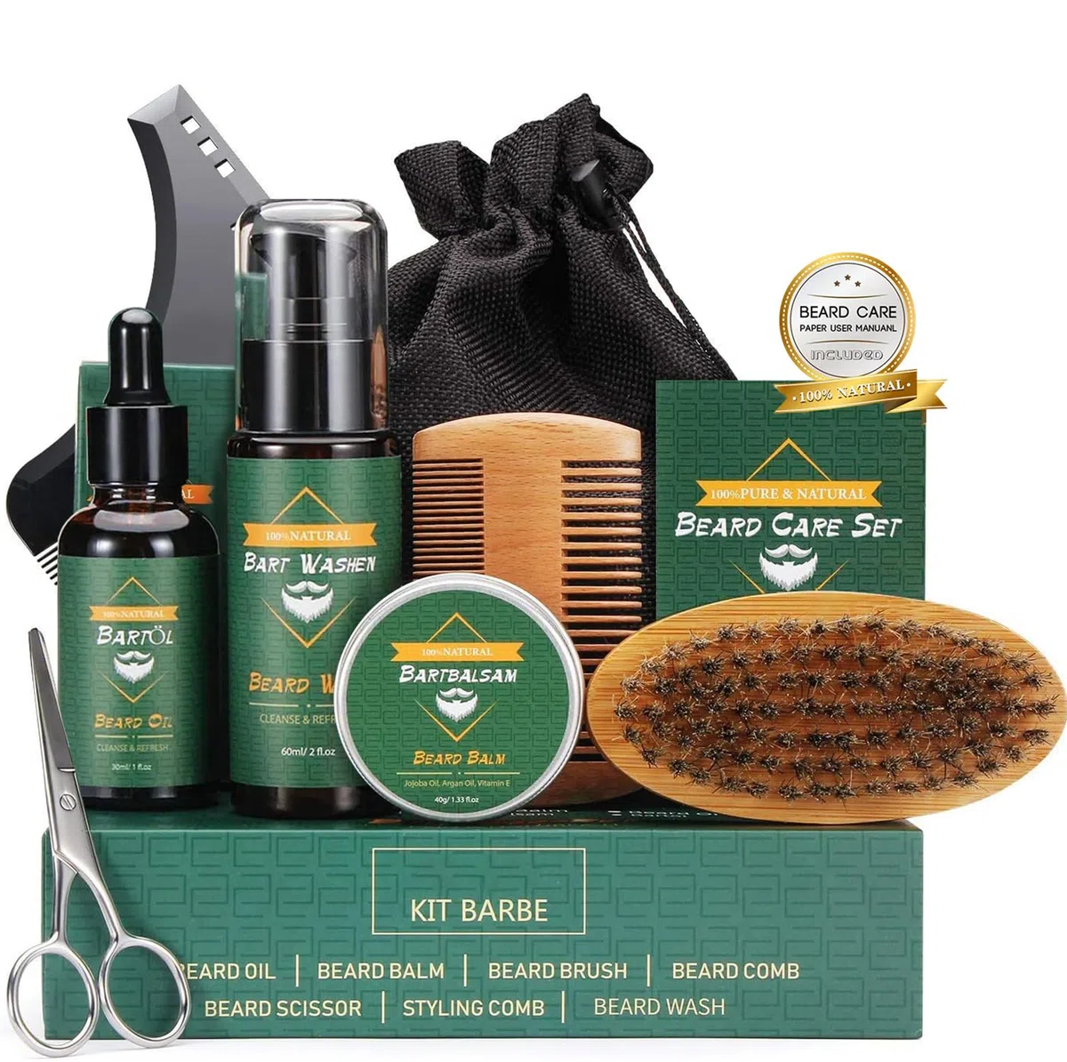 Kit Barba per Uomo 9 in 1 kit per La Cura della - Cura Barba con Olio Barb, Balsamo, Shampoo Barb, Spazzola, Pettine, Forbici, Borsa di Stoccaggio, Perfetto Regali per Uomo