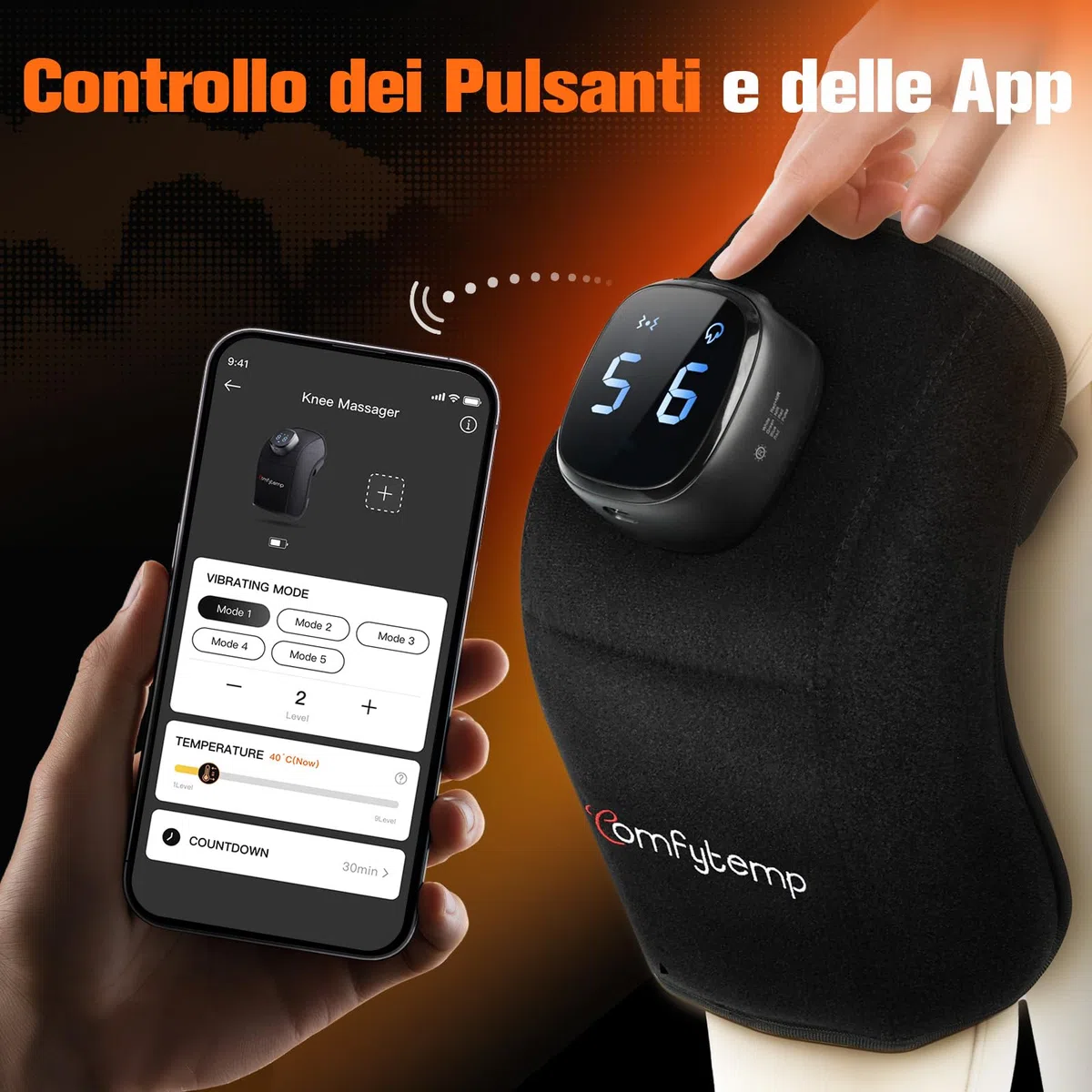 Comfytemp Massaggiatore per Ginocchio Senza Fili con Calore, 9 Livelli di Calore e 5 Vibrazioni, Ginocchiera Riscaldante, Guarnizione Riscaldante 3D Portatile Controllabile via APP