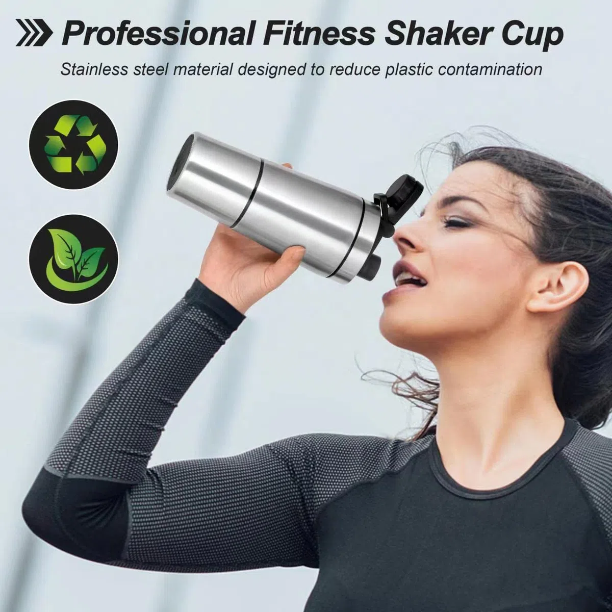 ROCKY&CHAO Shaker proteico in acciaio inox, 700 + 200 ml, con scomparto per polvere, per sport e fitness, albume d'uovo, bottiglia con coperchio a bottone, colore nero