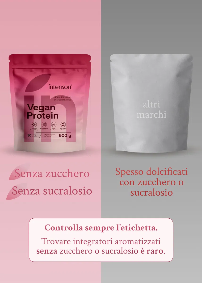 Intenson Vegan Protein Powder Cioccolato Bianco Lampone, 900 g, 21 g Proteine per Porzione, 30 Porzioni, Pisello e Canapa, 100% Vegetale, Senza Lattosio, Senza Glutine, Senza Zucchero, Formula Clean