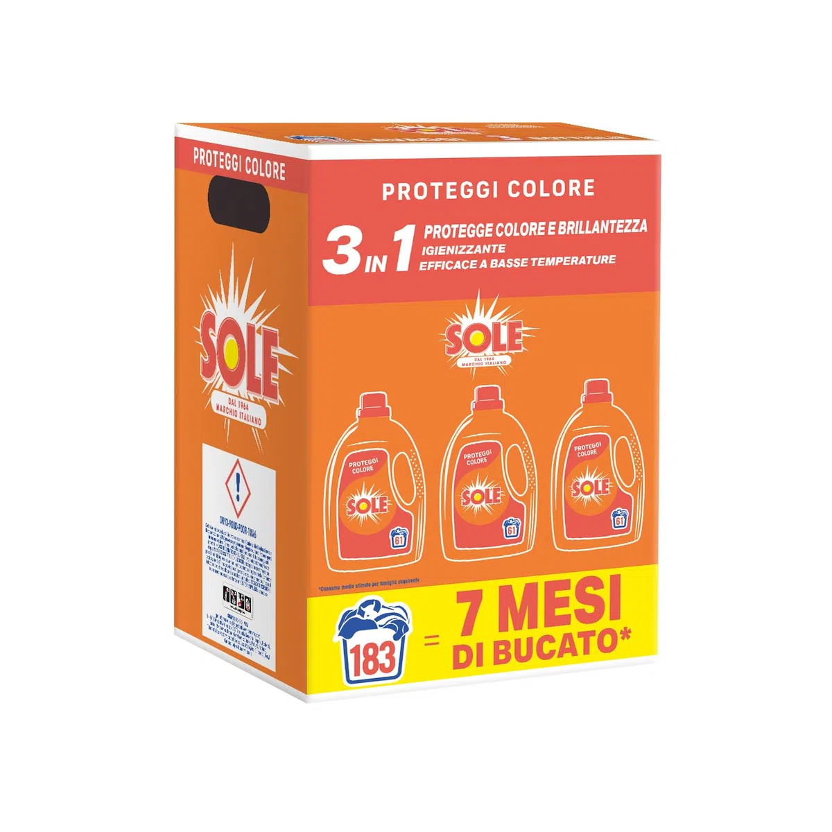 Sole Detersivo Lavatrice Proteggi Colore 183 Lavaggi, Formula igienizzante, Detersivo Lavatrice Liquido Proteggi Colore, rimuove le macchie a basse temperature