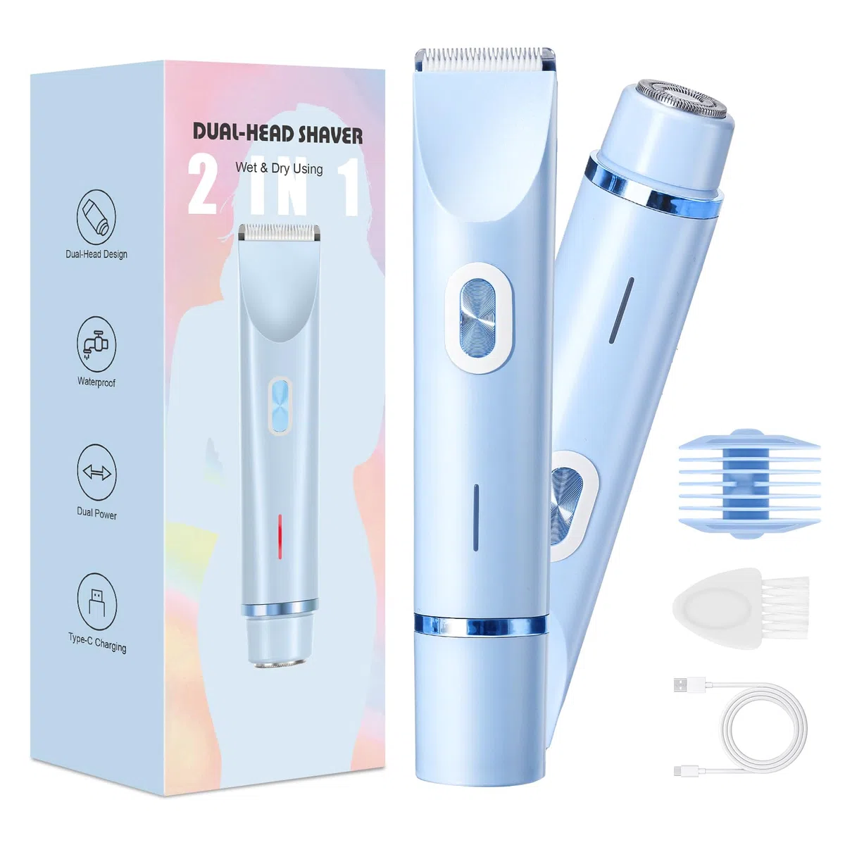 Rasoio intimo da donna, 2 in 1 Dual Head Shaver con ricarica USB-C, rasoio elettrico da donna per viso, gambe e braccia, rasoio da donna con testa di taglio impermeabile, facile da pulire