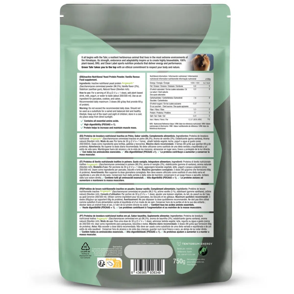 Green Tahr Proteine Vegane in Polvere di Lievito Nutrizionale Inattivo con Aroma di Vaniglia 750g. 77% Proteine per Aumento Massa Muscolare, Origine Non Animale, Senza Zucchero Aggiunto né Glutine