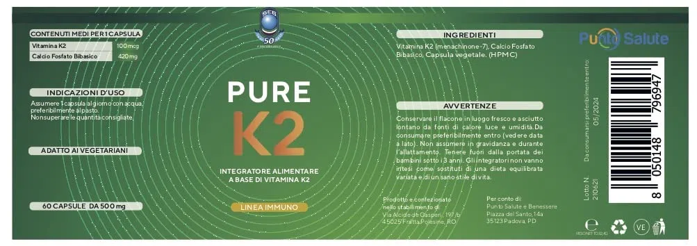 SEB - PURE K2 - Integratore alimentare naturale di Vitamina K2 MK7-60 capsule. 100% vegetale, 100 mcg per capsula